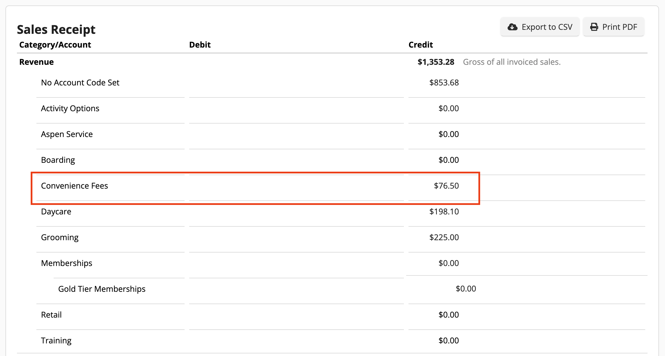 Sales receipt with convenience fees highlighted.