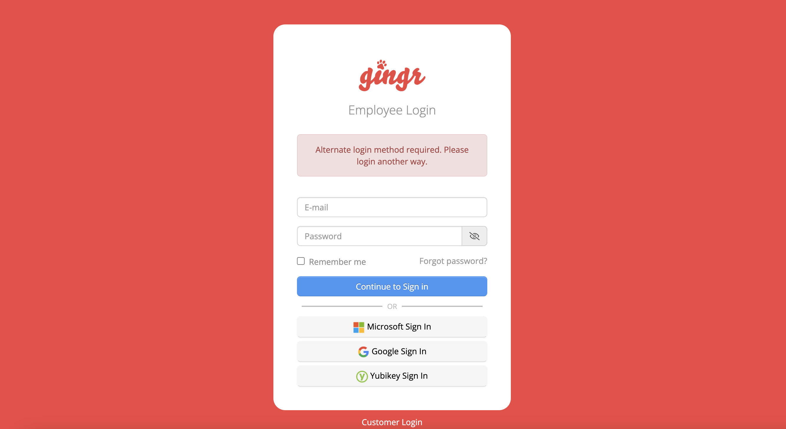 Employee login page with alternate sign-in options.