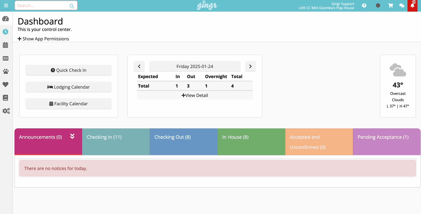 Dashboard with check-in and weather info.