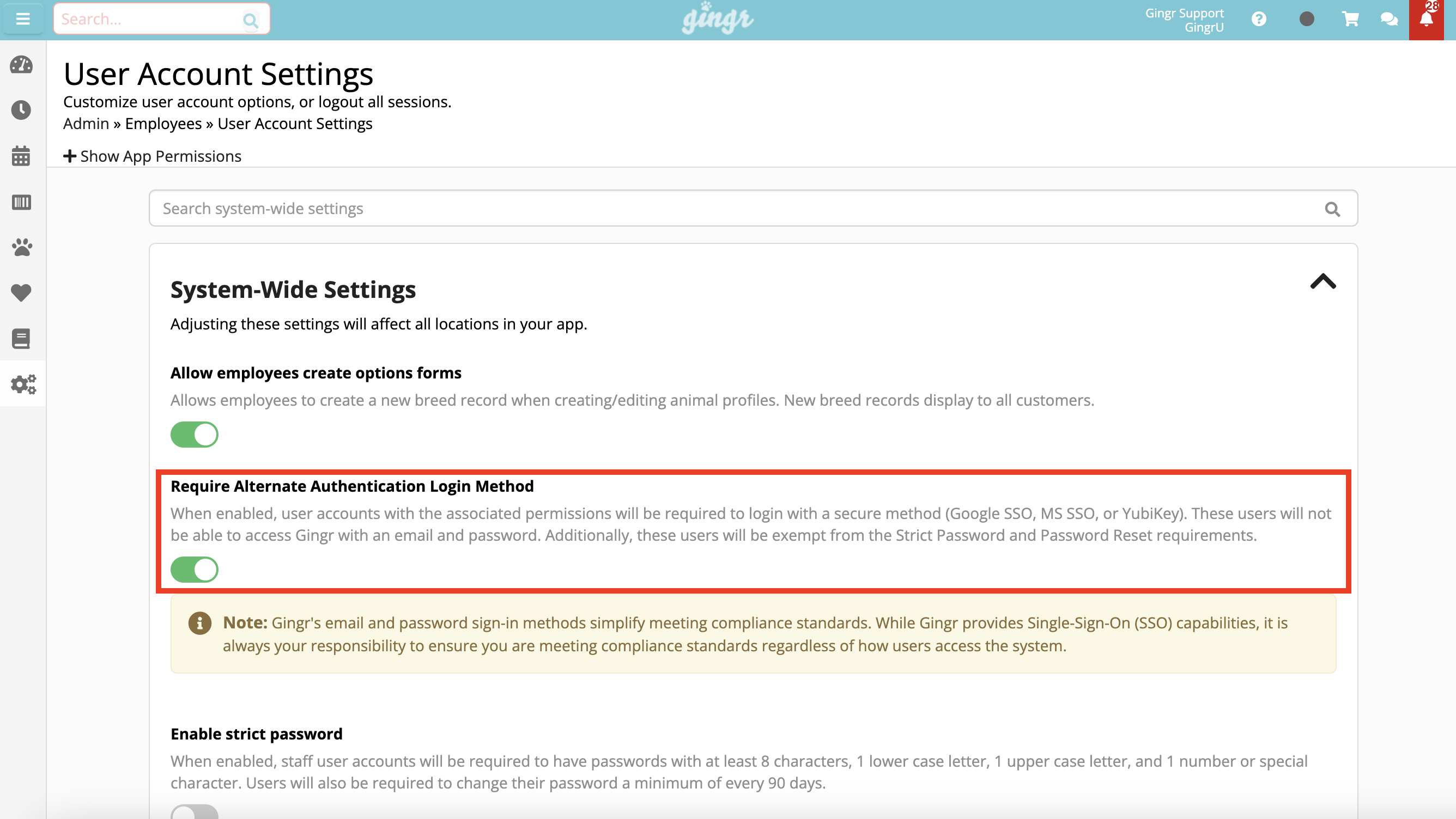 User Account Settings page screenshot