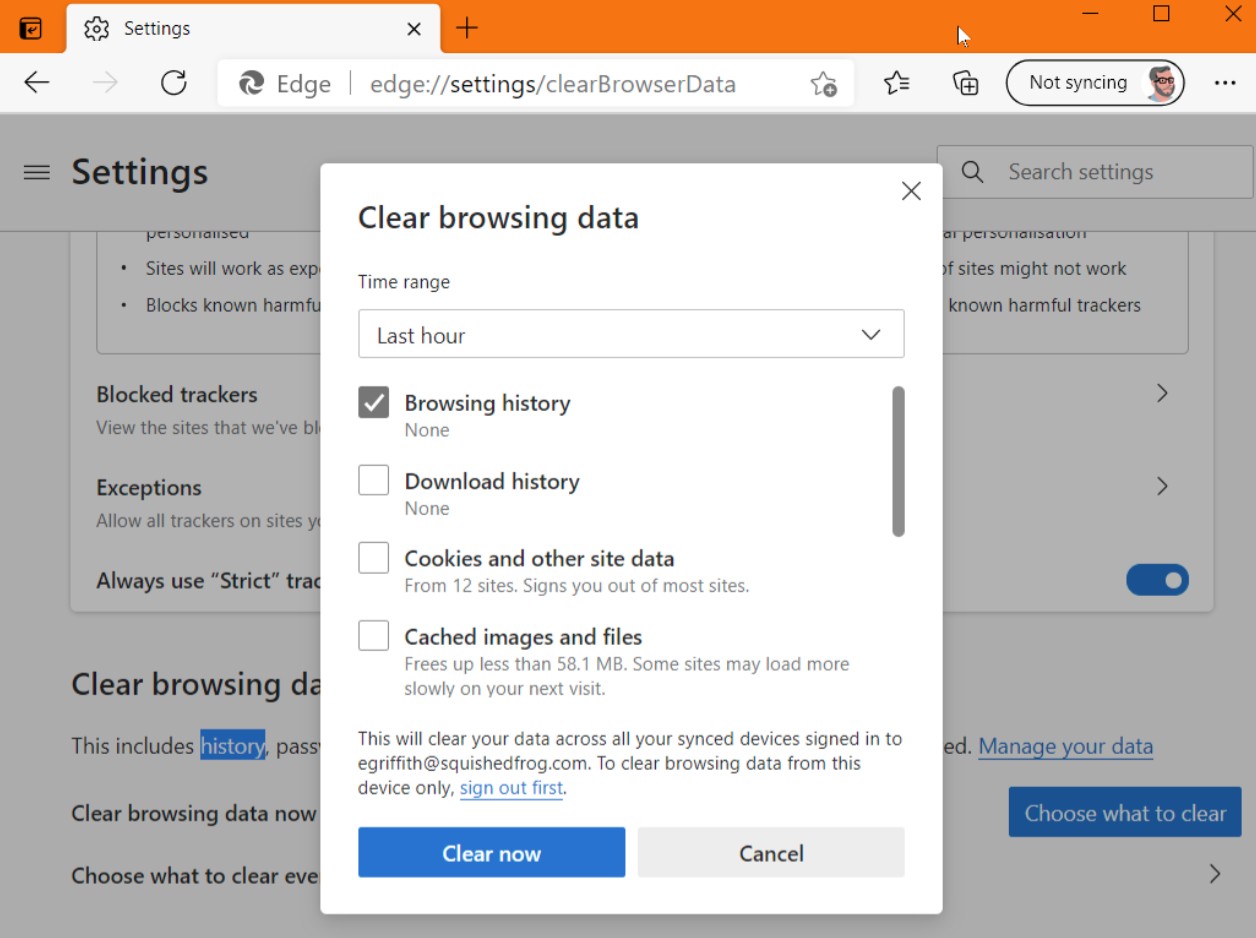 Edge → Settings → Choose what to clear.